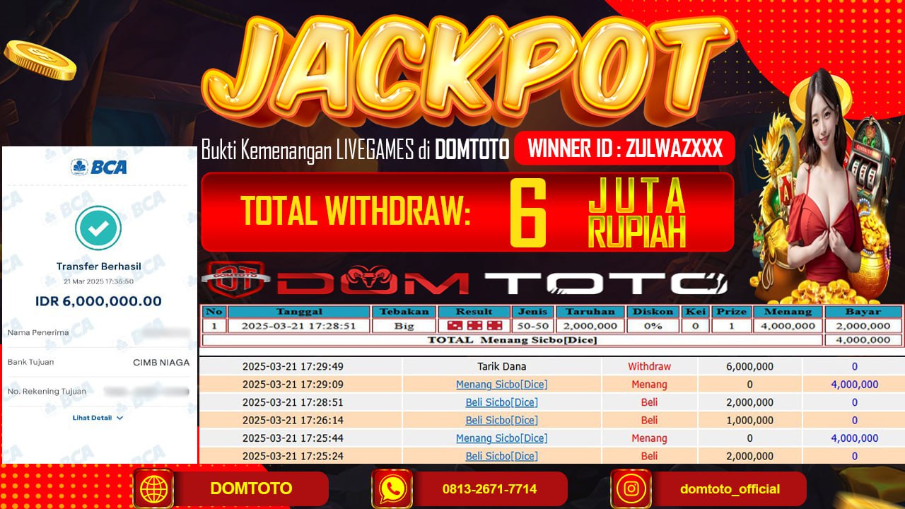JACKPOT LIVE GAMES SICBO DICE 21 MARET 2025